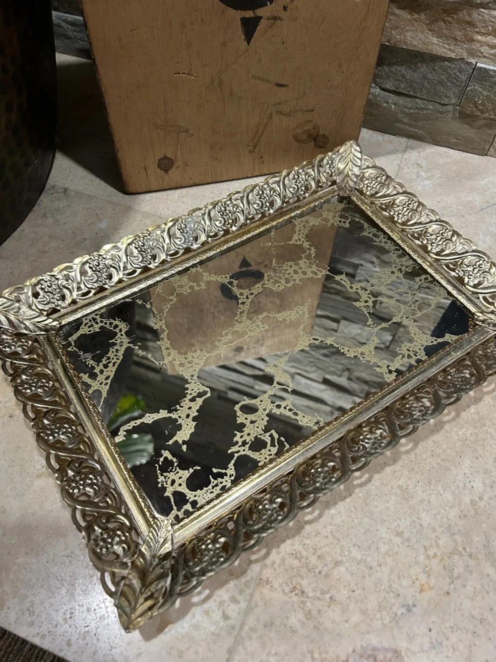 Ornate Vintage Hollywood Regency Gold Filigree Mirrored Vanity Tray